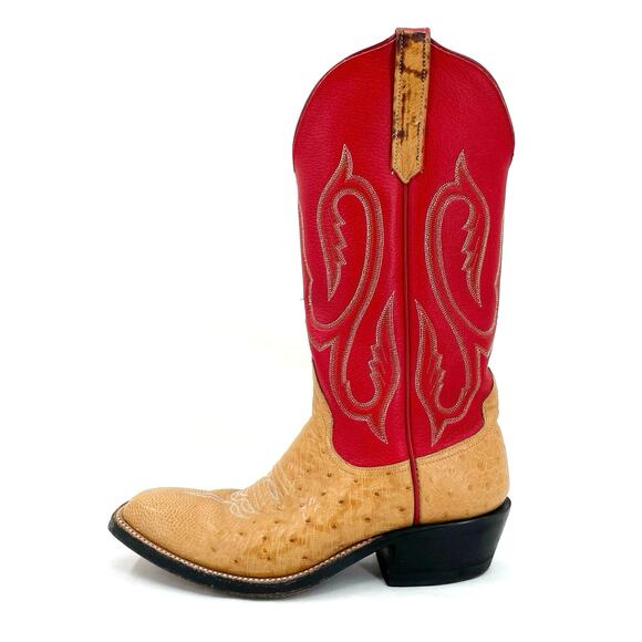 Rios of Mercedes Red Western Ostrich Orange Leather Square Toe Cowboy Boots 7B - Picture 2 of 16